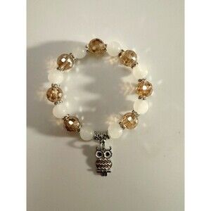 LT Brown Faceted Bead Stretch Bracelet w/White Gemstone Beads & Silver Owl Charm